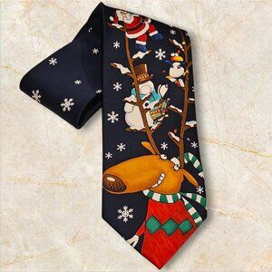 Men’s Navy Christmas Novelty Tie Santa Snowmen & Reindeer Holiday Design